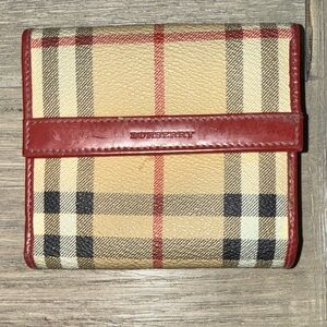 Authentic Burberry Beige Plaid Wallet with Red Trim